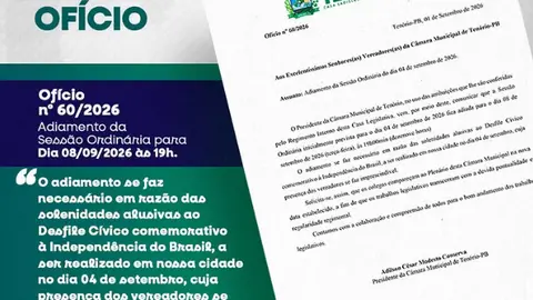 📢 COMUNICADO OFICIAL  A Câmara Municipal de Vereadores de Tenório/PB comunica aos vereadores, servidores e à população em geral o adiamento da Sessão Ordinária, inicialmente prevista para o dia 04 de setembro de 2026.