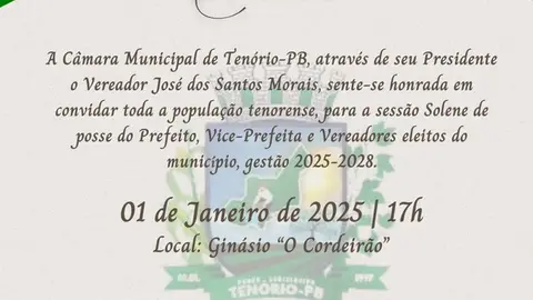 Convite para Sessão Solene de Posse dos Eleitos em Tenório/PB