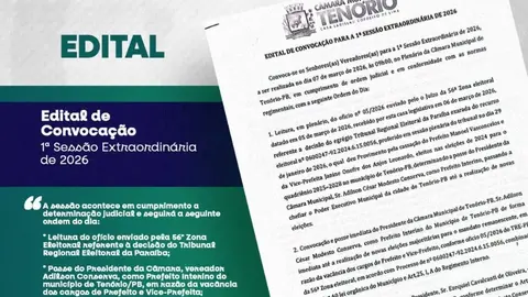 A Câmara Municipal de Tenório/PB convoca a população para acompanhar a 1ª Sessão Extraordinária de 2026