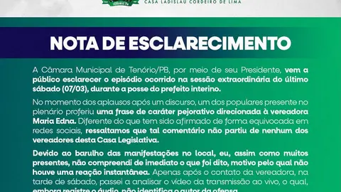 Câmara de Tenório Esclarece Ofensa a Vereadora em Posse de Prefeito