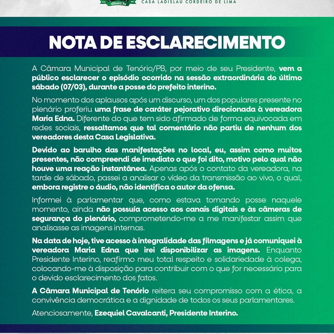 Câmara de Tenório Esclarece Ofensa a Vereadora em Posse de Prefeito